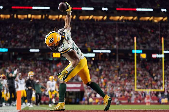 January 20, 2024; Santa Clara, CA, USA; Green Bay Packers running back Aaron Jones (33) celebrates after a two point conversion against the San Francisco 49ers during the third quarter in a 2024 NFC divisional round game at Levi's Stadium.